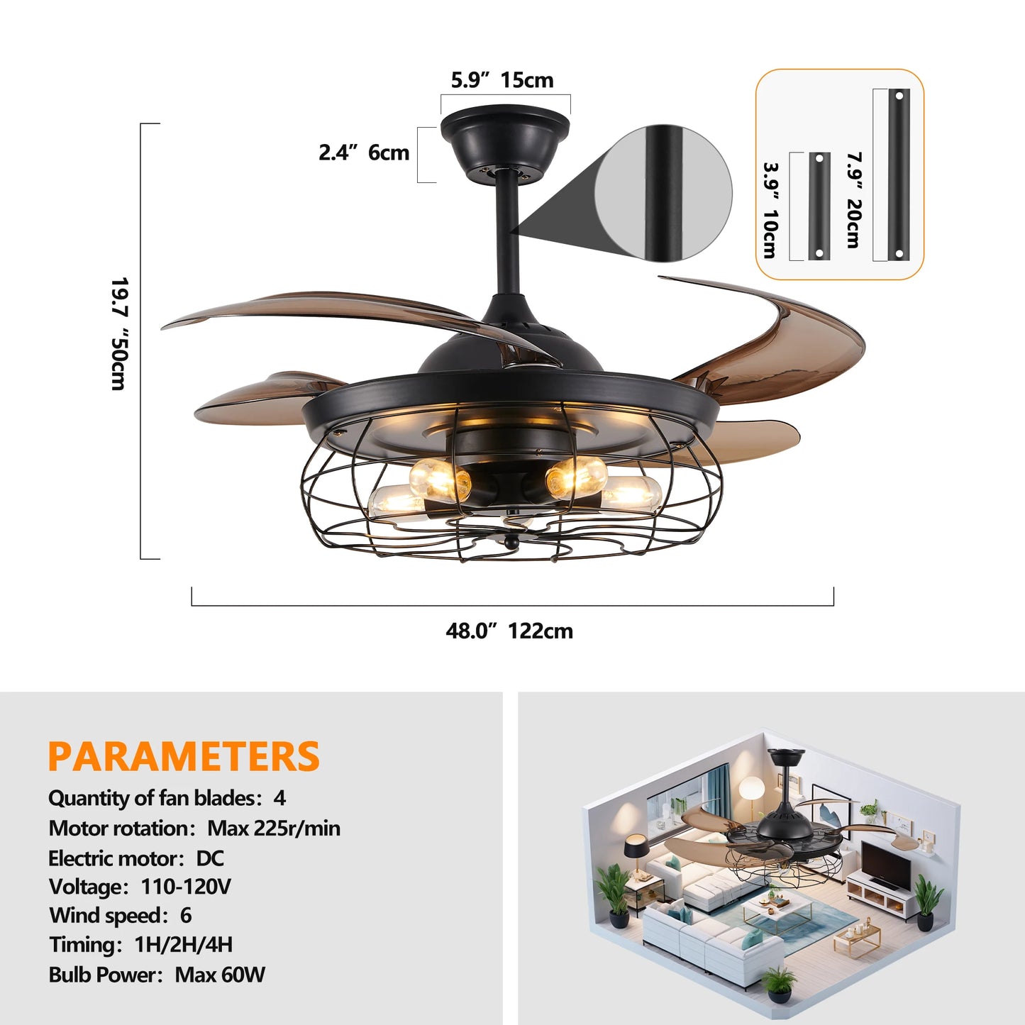 48" Black Remote Control Ceiling Fan Light Retractable 4-Blade Fan with Cage Design Adjustable Speed for Living Room, Bedroom