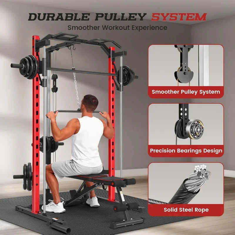 All in One Smith Machine Power Rack with Lat Pulldown and Cable System for Home Gym