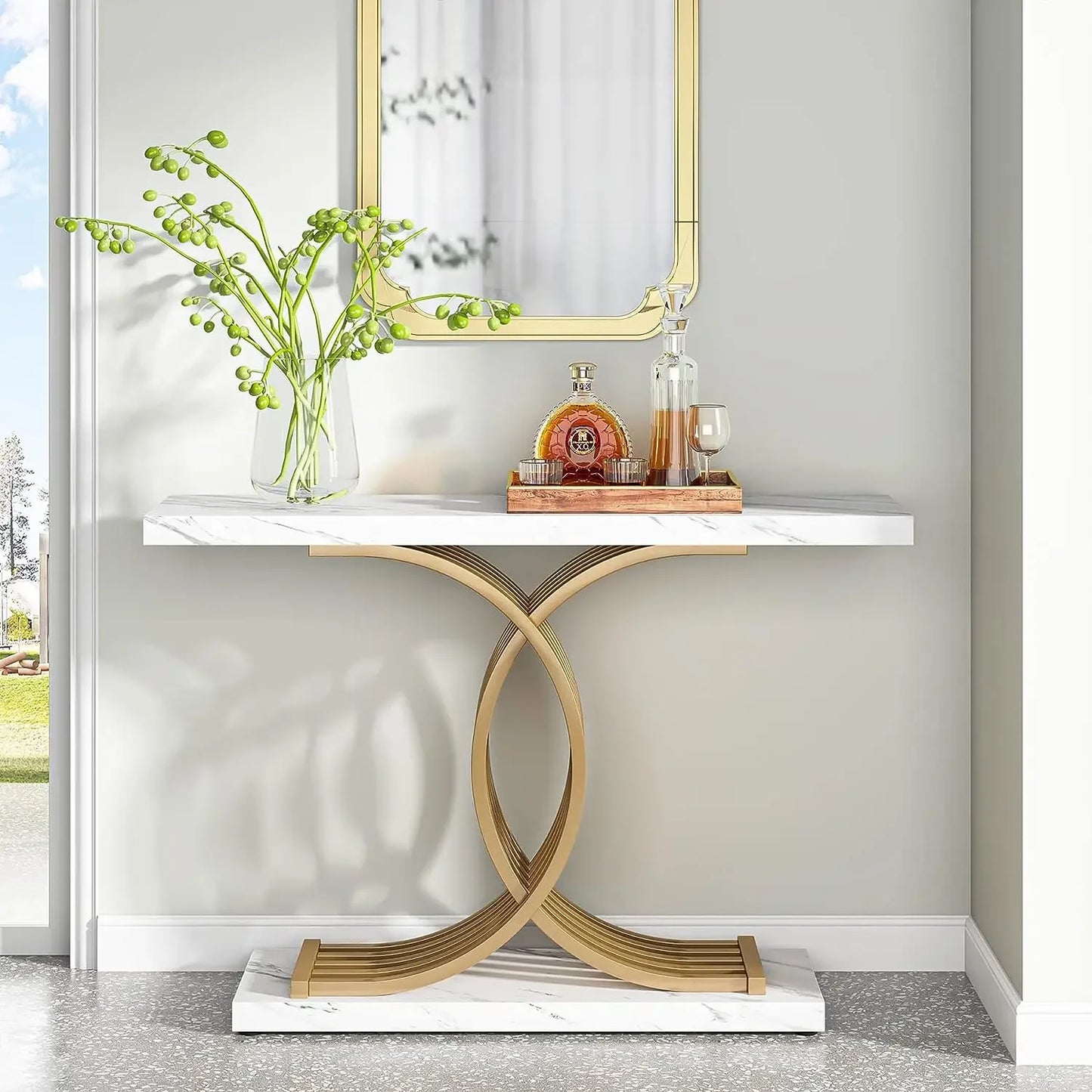 Tribesigns 39 Inch Modern Faux Marble Console Table with Gold Geometric Metal Legs for Entryway or Sofa