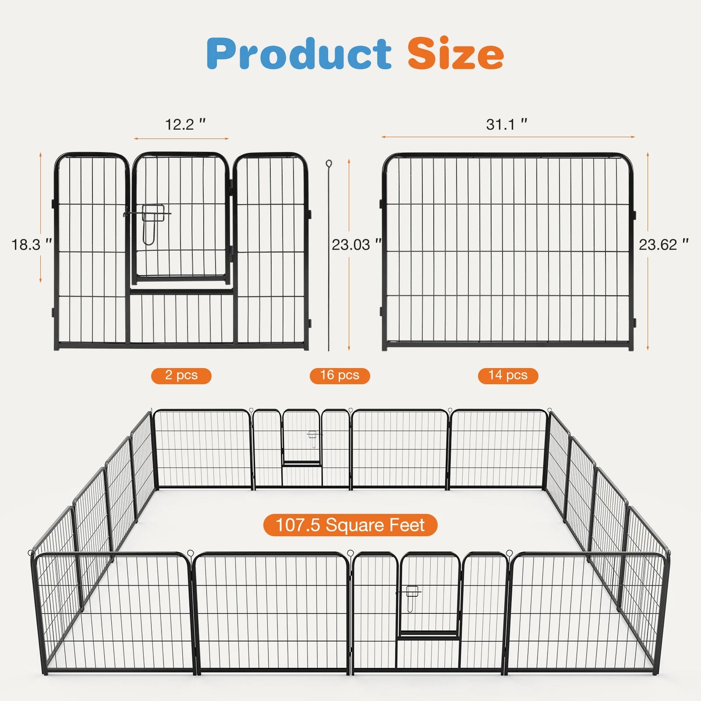 **JHK 16 Panel Metal Dog Playpen with Door Indoor Outdoor Pet Fence Exercise Pen for Yard and Camping**