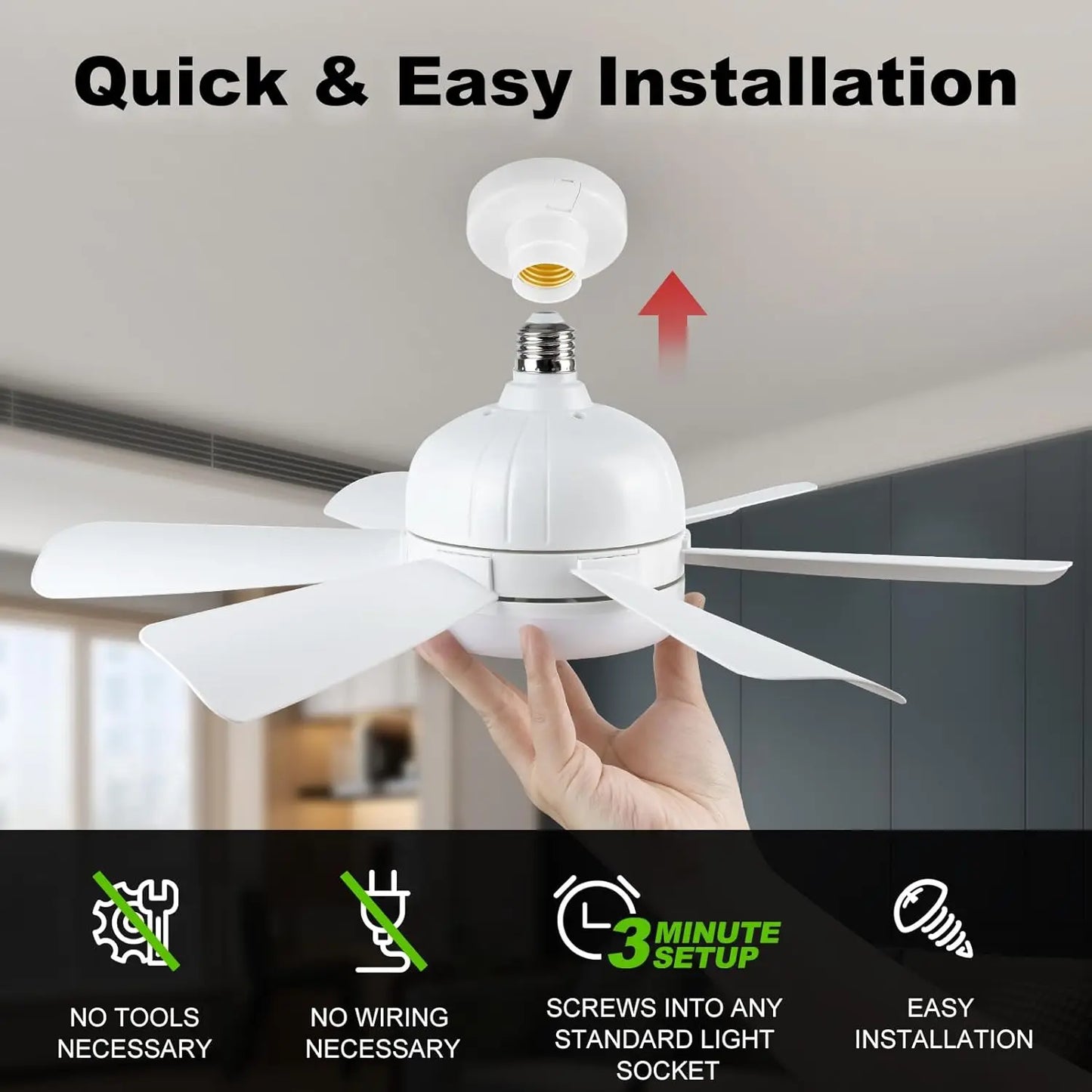 Dimmable LED Ceiling Fan Light with Remote E26 Base 3 Color Modes and 6 Speeds for Home and Living Room