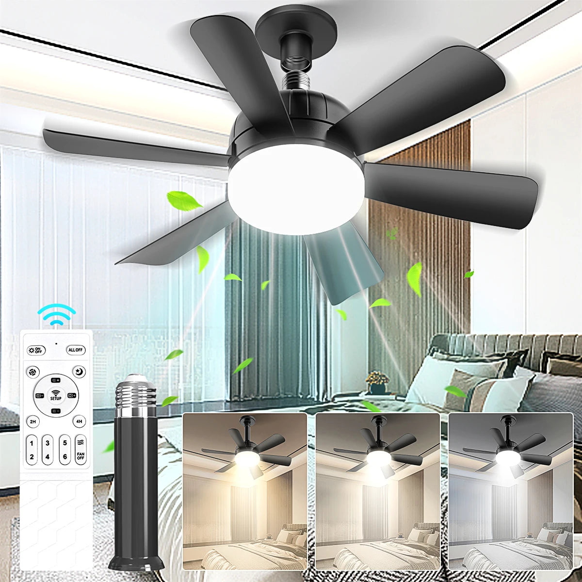 Dimmable LED Ceiling Fan Light with Remote E26 Base 3 Color Modes and 6 Speeds for Home and Living Room