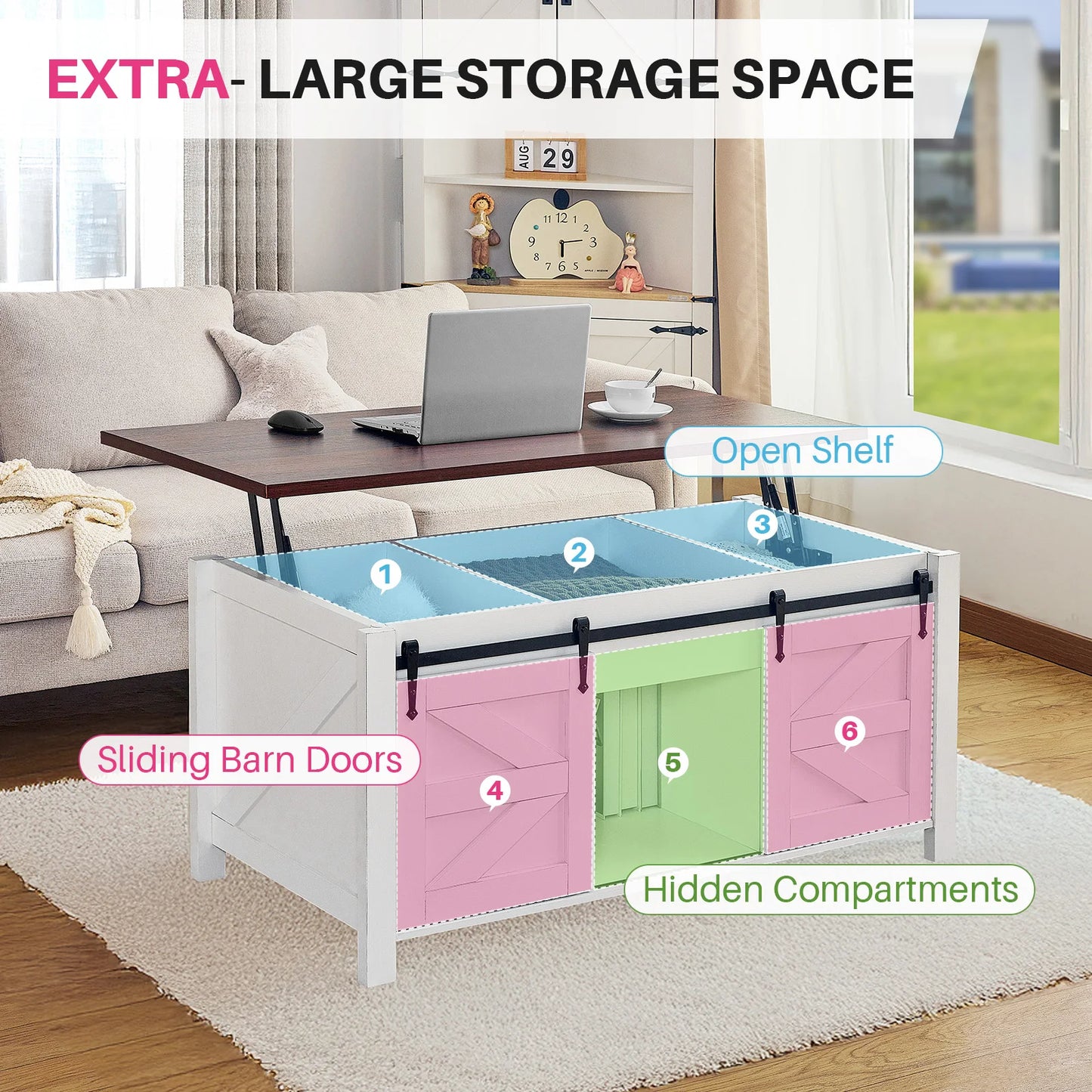 Rustic Lift-Top Coffee Table with Hidden Storage & Sliding Barn Doors
