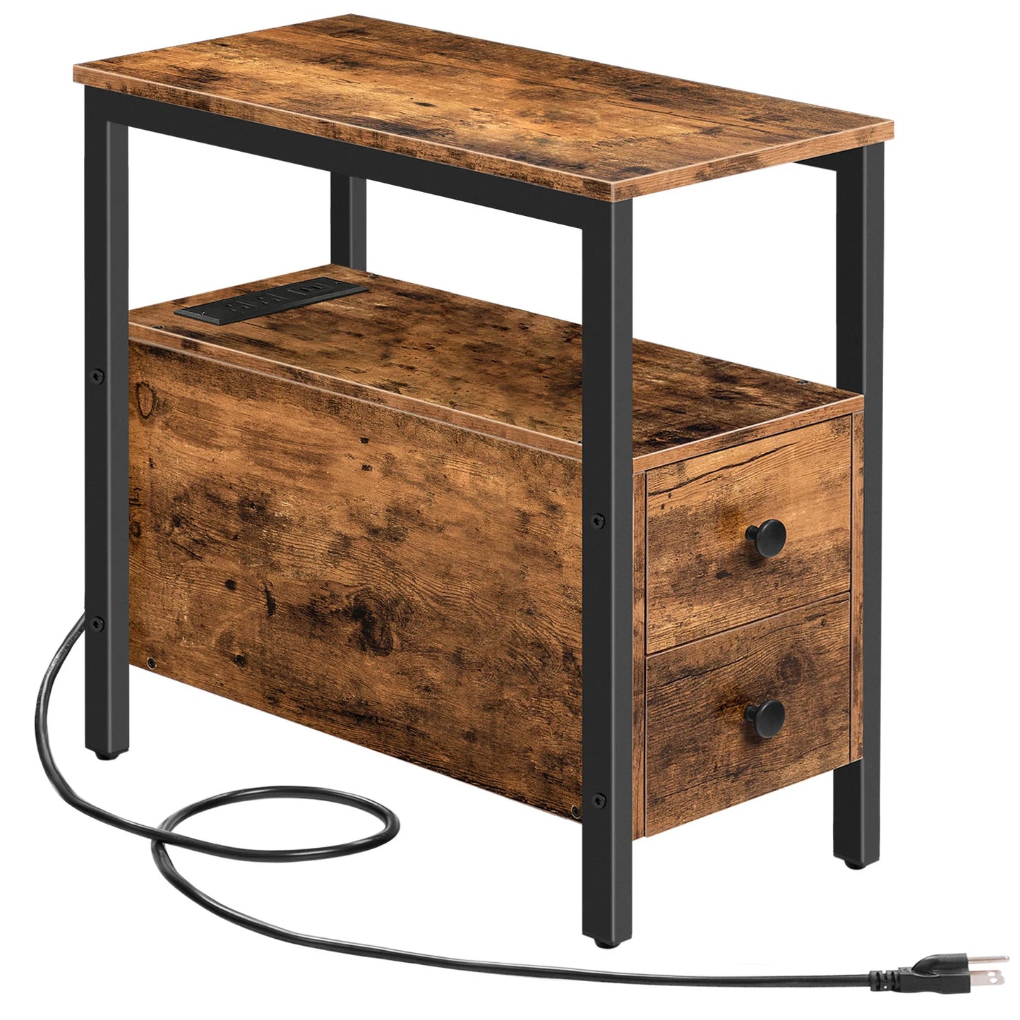 Rustic Nightstand with Charging Station and Storage Drawers