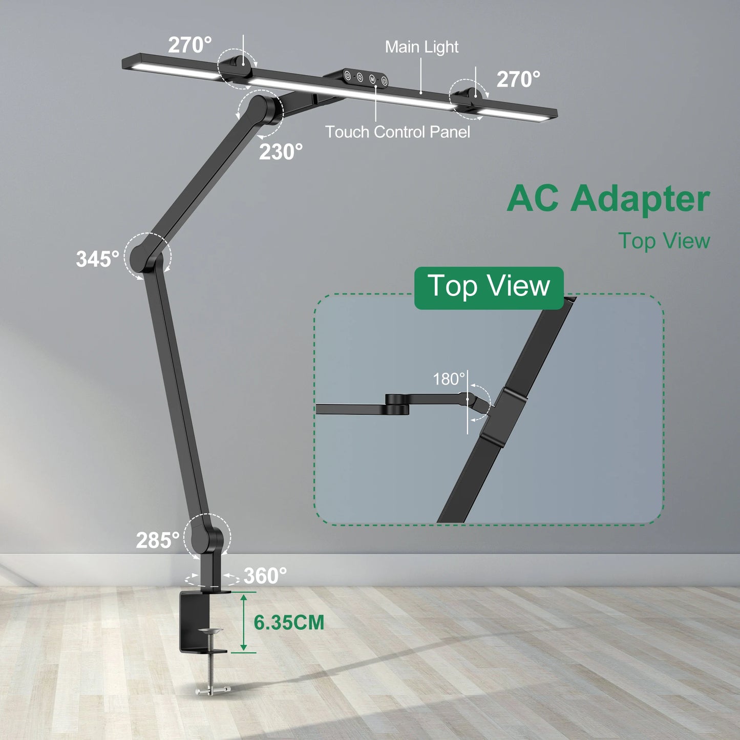24W LED Clamp Desk Lamp with Auto Dimming and Ambient Lighting for Home Office