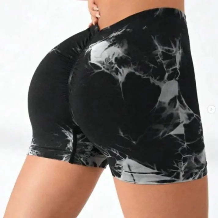 Tie Dye High Waist V Back Scrunch Seamless Yoga Shorts for Women