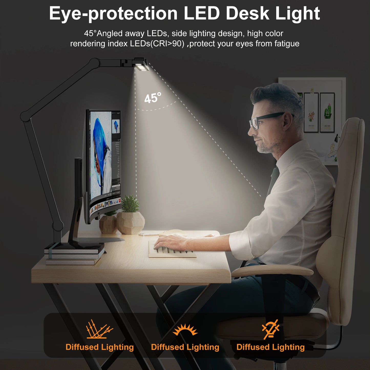 24W LED Clamp Desk Lamp with Auto Dimming and Ambient Lighting for Home Office