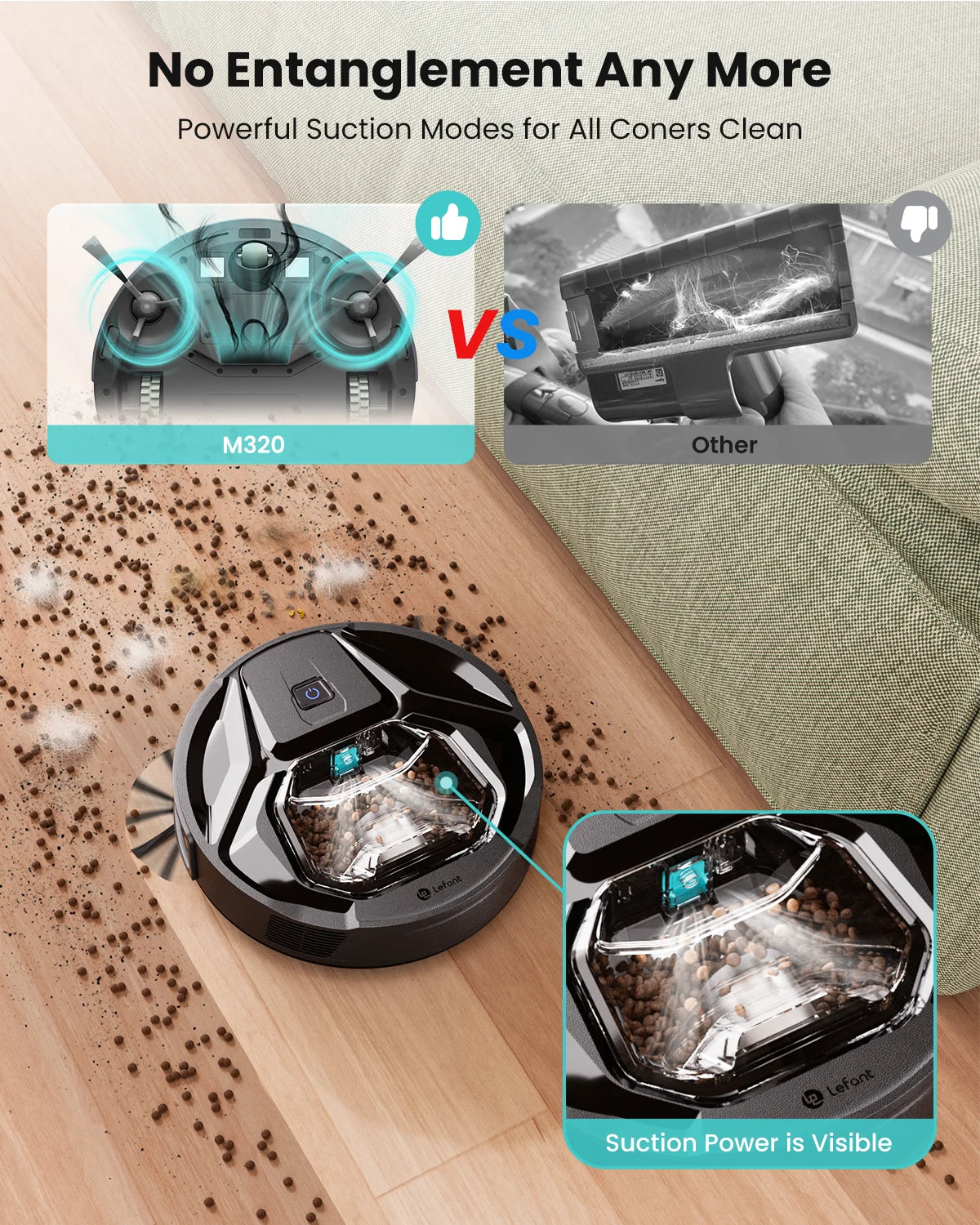 Lefant M320 Robot Vacuum and Mop 6000Pa Suction 210 Min Runtime Self Charging for Pet Hair Hard Floors and Carpet