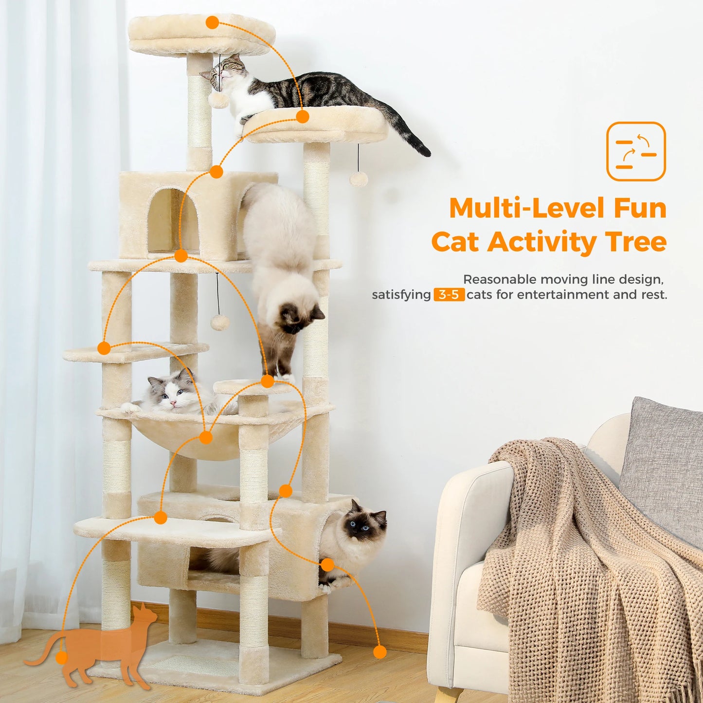 184cm Multi-Level Cat Tree with Hammock Perches & Condos