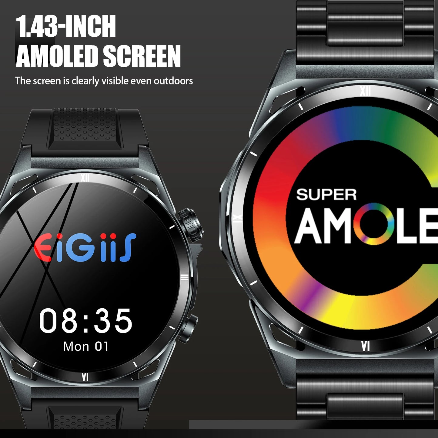 Smart Watch 1.43 Inch AMOLED Display Bluetooth Call Health Tracker IP68 Waterproof