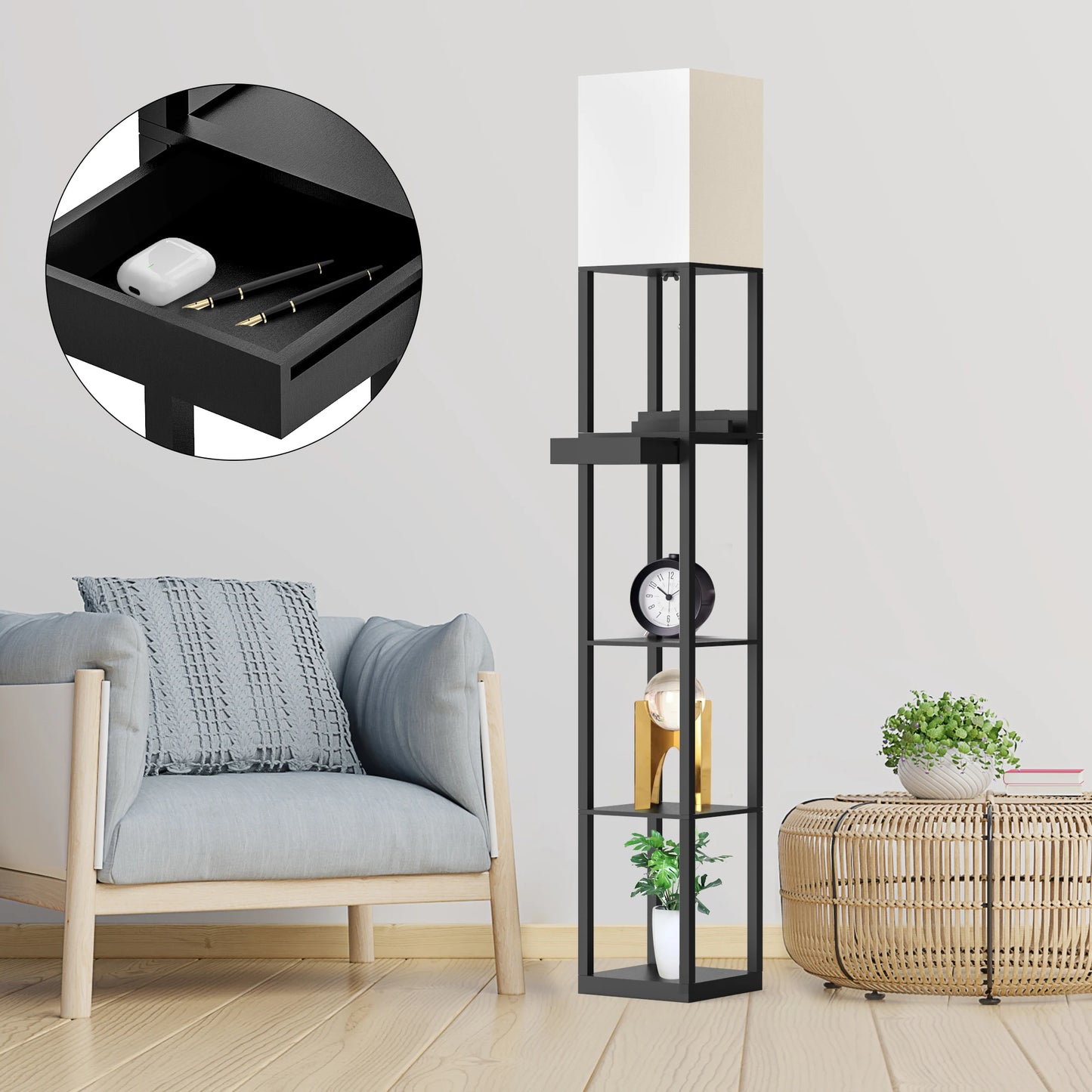 67 Inch Solid Wood Floor Lamp with Shelves USB Ports Storage Drawer and LED Bulb