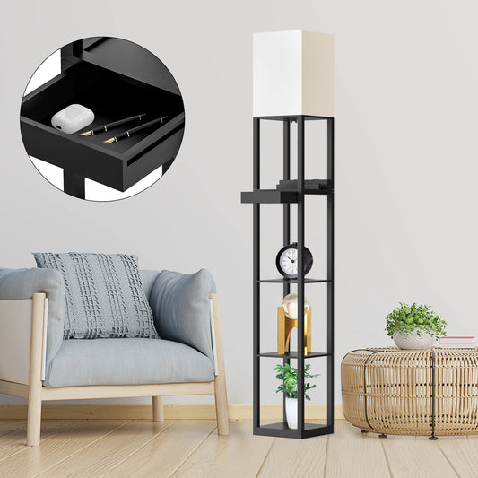 67 Inch Solid Wood Floor Lamp with Shelves USB Ports Storage Drawer and LED Bulb