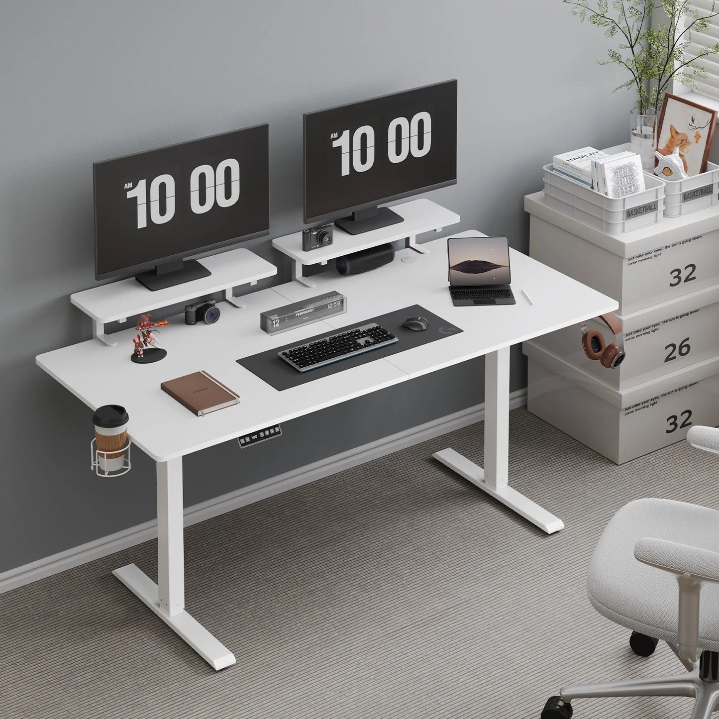 Electric Standing Desk with Adjustable Height and Dual Monitor Shelves