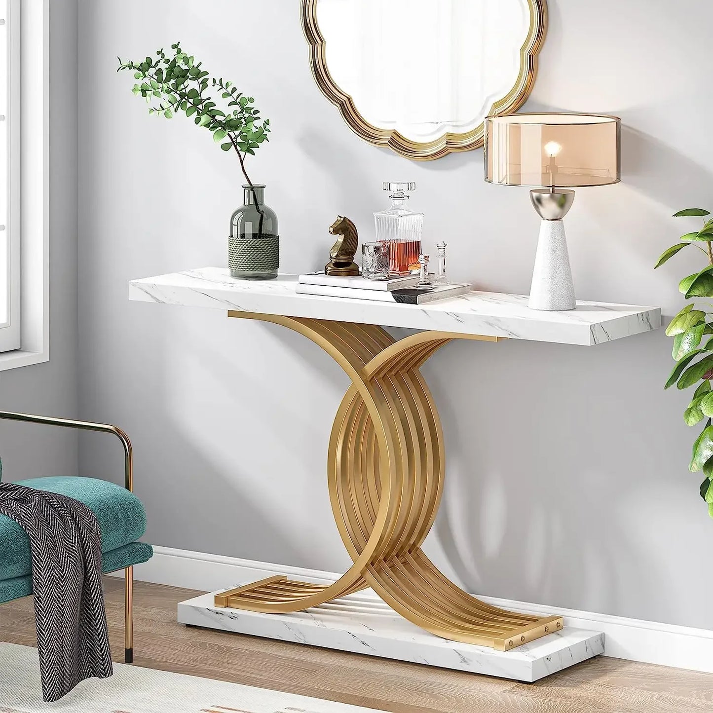 Tribesigns 39 Inch Modern Faux Marble Console Table with Gold Geometric Metal Legs for Entryway or Sofa