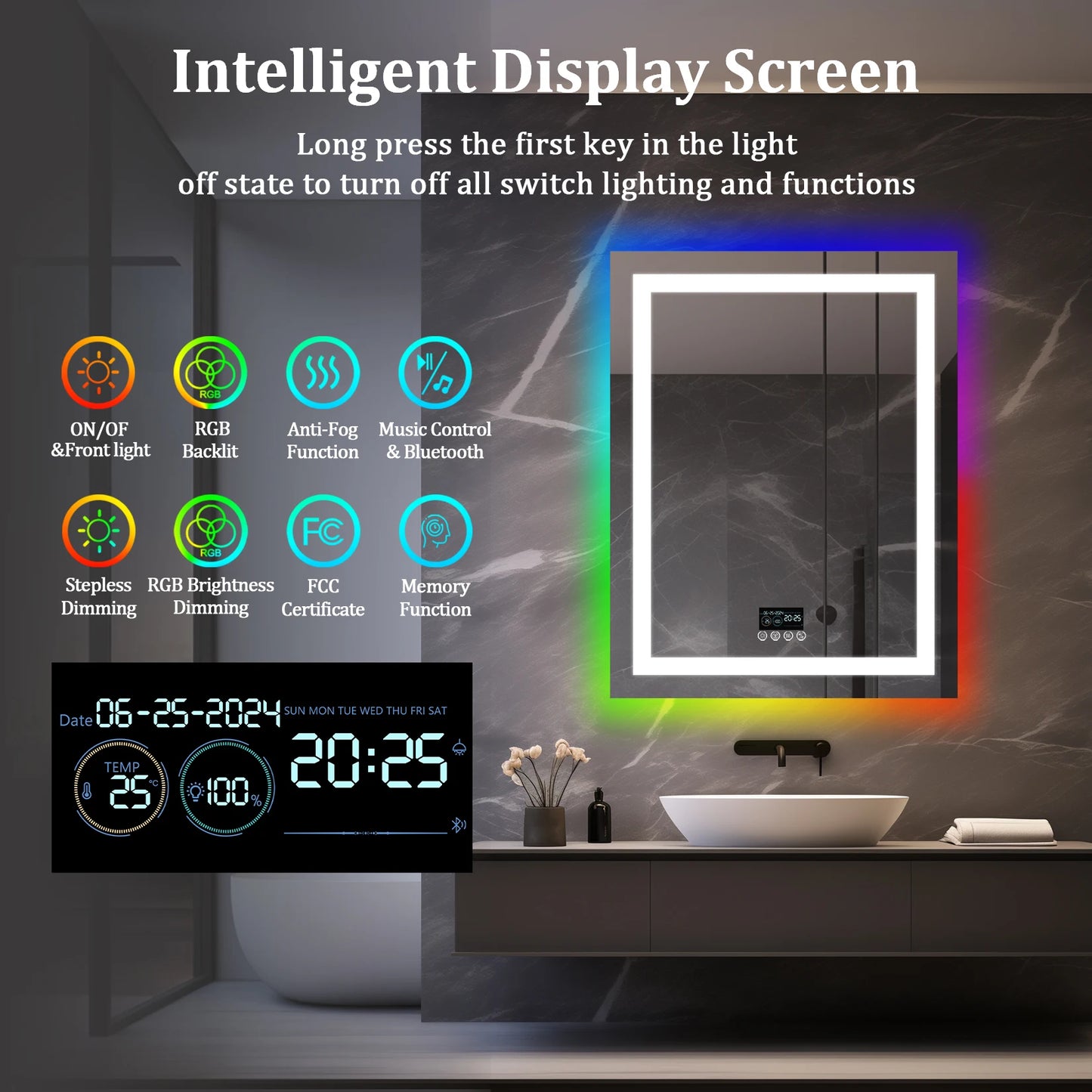 RGB LED Bathroom Mirror with Bluetooth Speaker, Anti-Fog & Dimmable Lighting