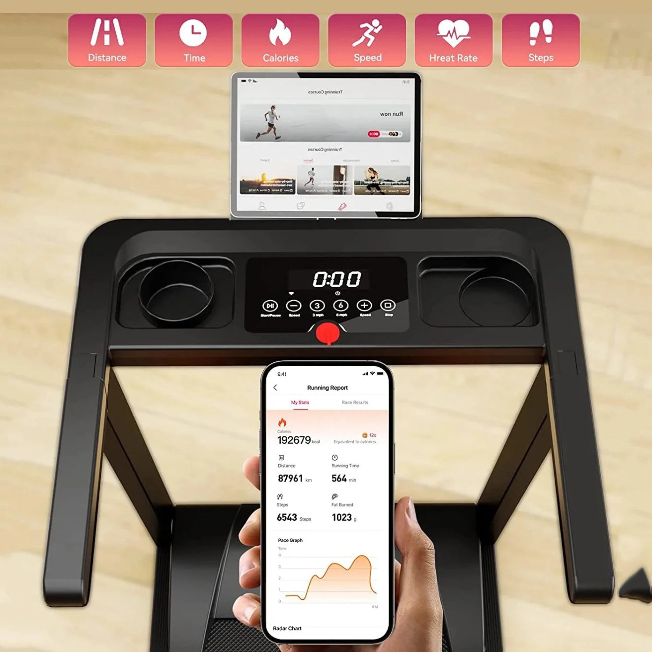 3.0HP Foldable Electric Treadmill with Remote Control and App Monitoring for Home Use 300 lbs Capacity