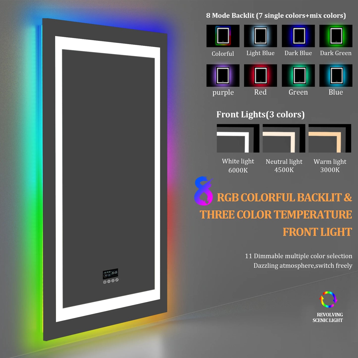 RGB LED Bathroom Mirror with Bluetooth Speaker, Anti-Fog & Dimmable Lighting