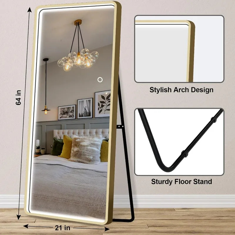 Full-Length LED Mirror with Dimmable Lighting & Wall-Mount Option