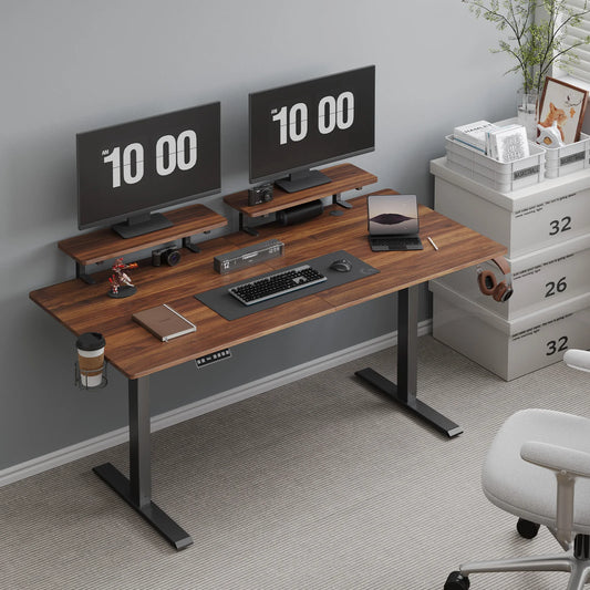 Electric Standing Desk with Adjustable Height and Dual Monitor Shelves