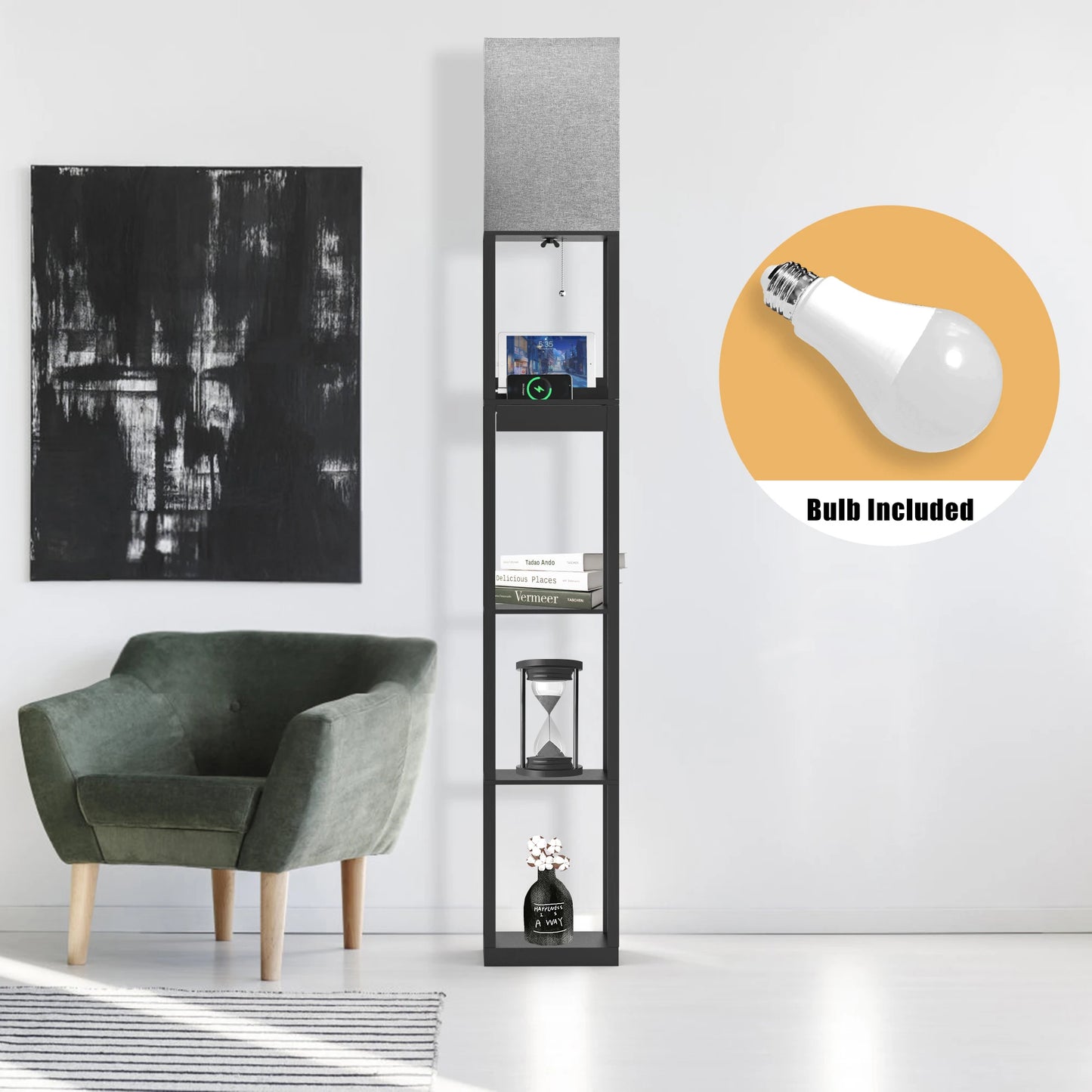 67 Inch Solid Wood Floor Lamp with Shelves USB Ports Storage Drawer and LED Bulb