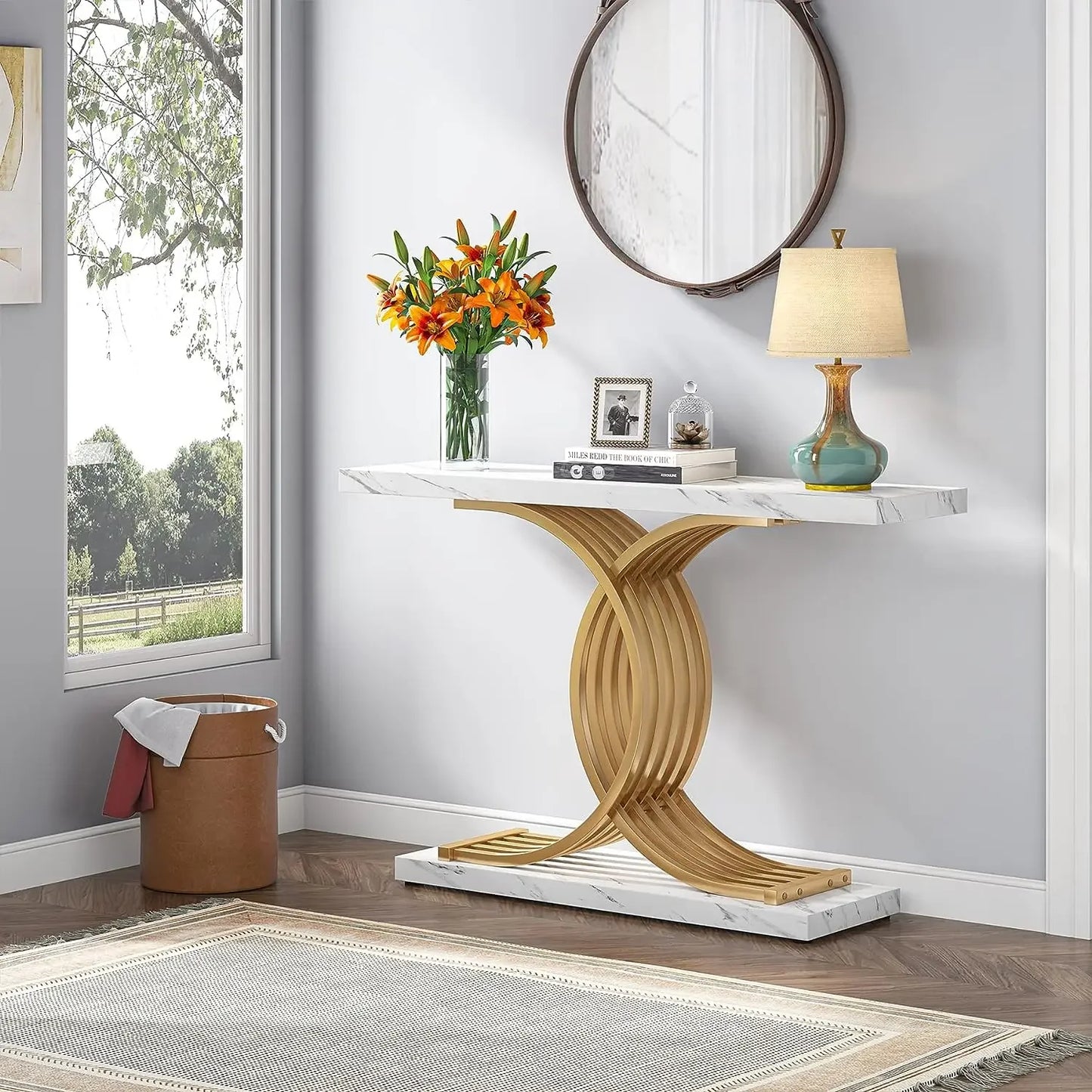 Tribesigns 39 Inch Modern Faux Marble Console Table with Gold Geometric Metal Legs for Entryway or Sofa