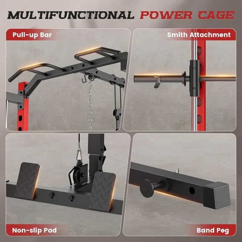 All in One Smith Machine Power Rack with Lat Pulldown and Cable System for Home Gym