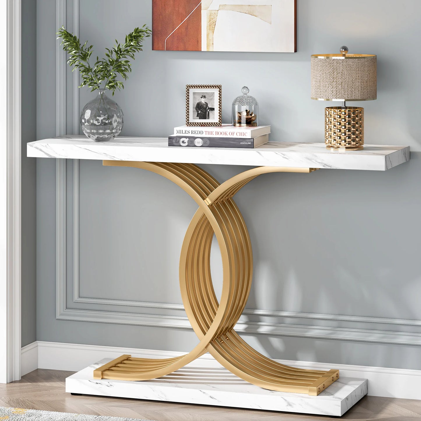 Tribesigns 39 Inch Modern Faux Marble Console Table with Gold Geometric Metal Legs for Entryway or Sofa