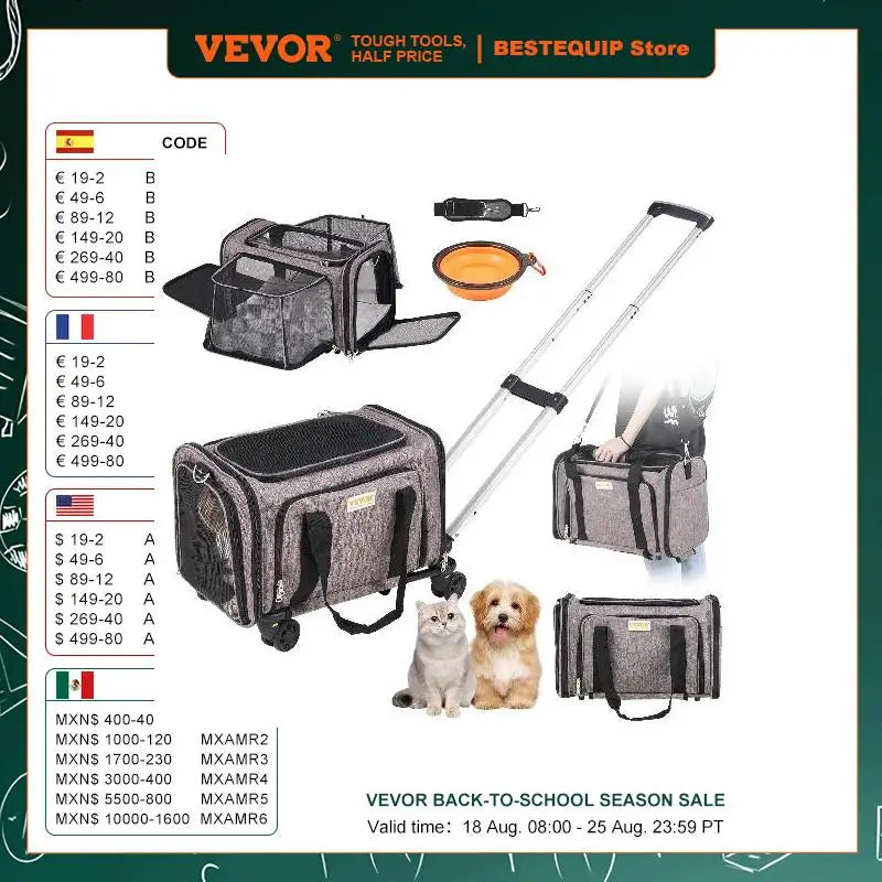 VEVOR Rolling Pet Carrier Backpack with Wheels Telescopic Handle and Shoulder Strap for Travel