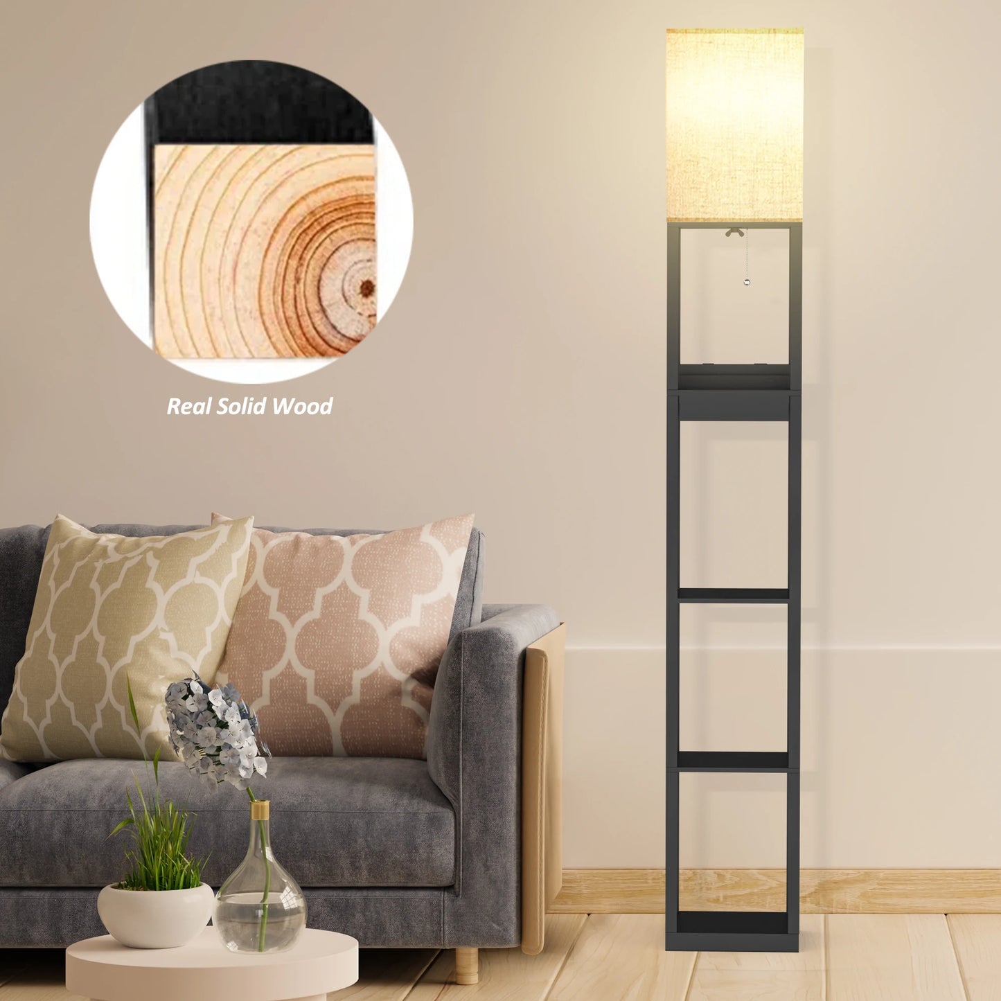 67 Inch Solid Wood Floor Lamp with Shelves USB Ports Storage Drawer and LED Bulb