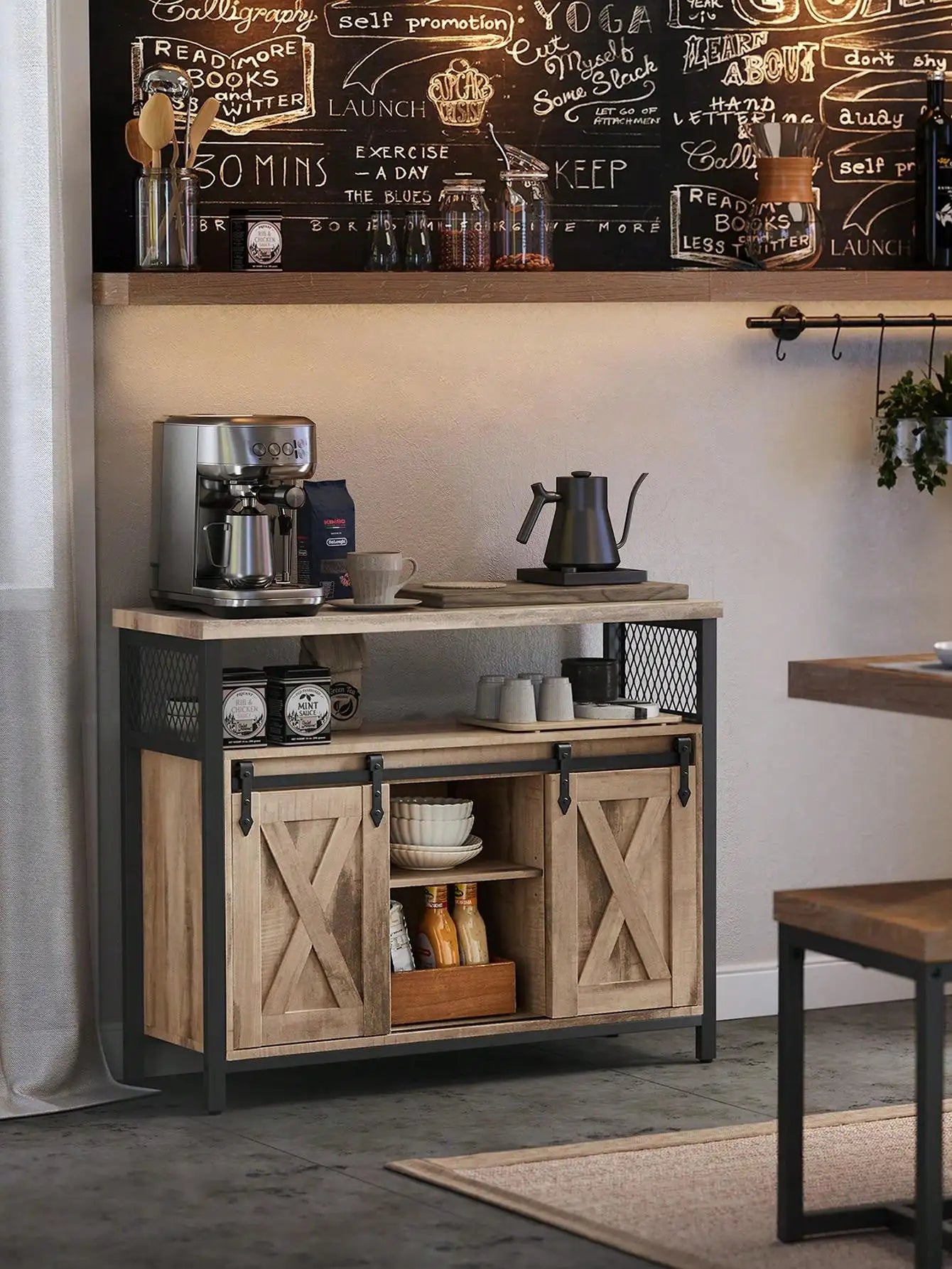 Rustic Sideboard Storage Cabinet with Sliding Barn Doors & Adjustable Shelves
