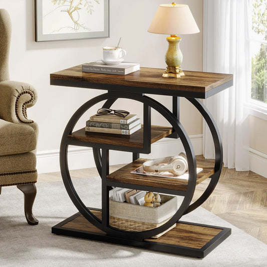 Rustic 4-Tier End Table with Storage Shelves for Living Room & Bedroom