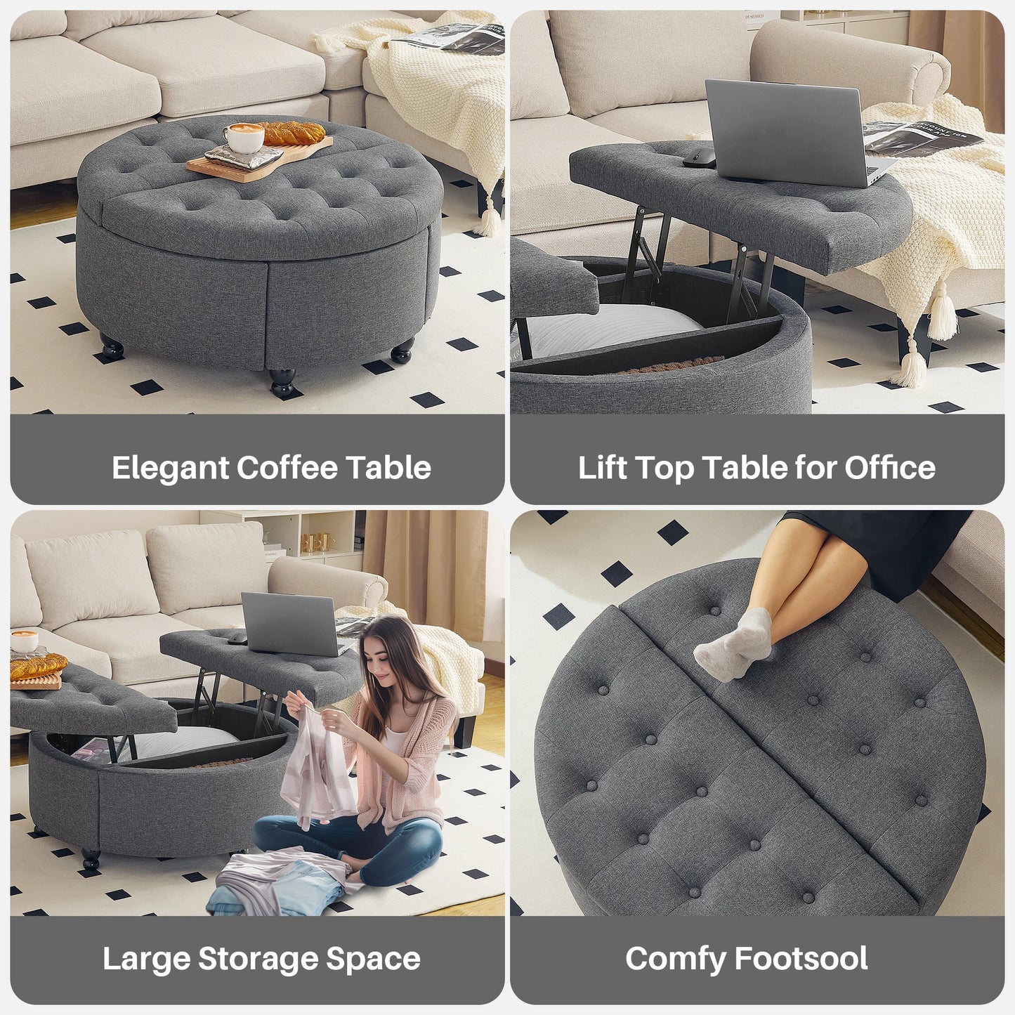 Round Storage Ottoman Coffee Table with Lift Top