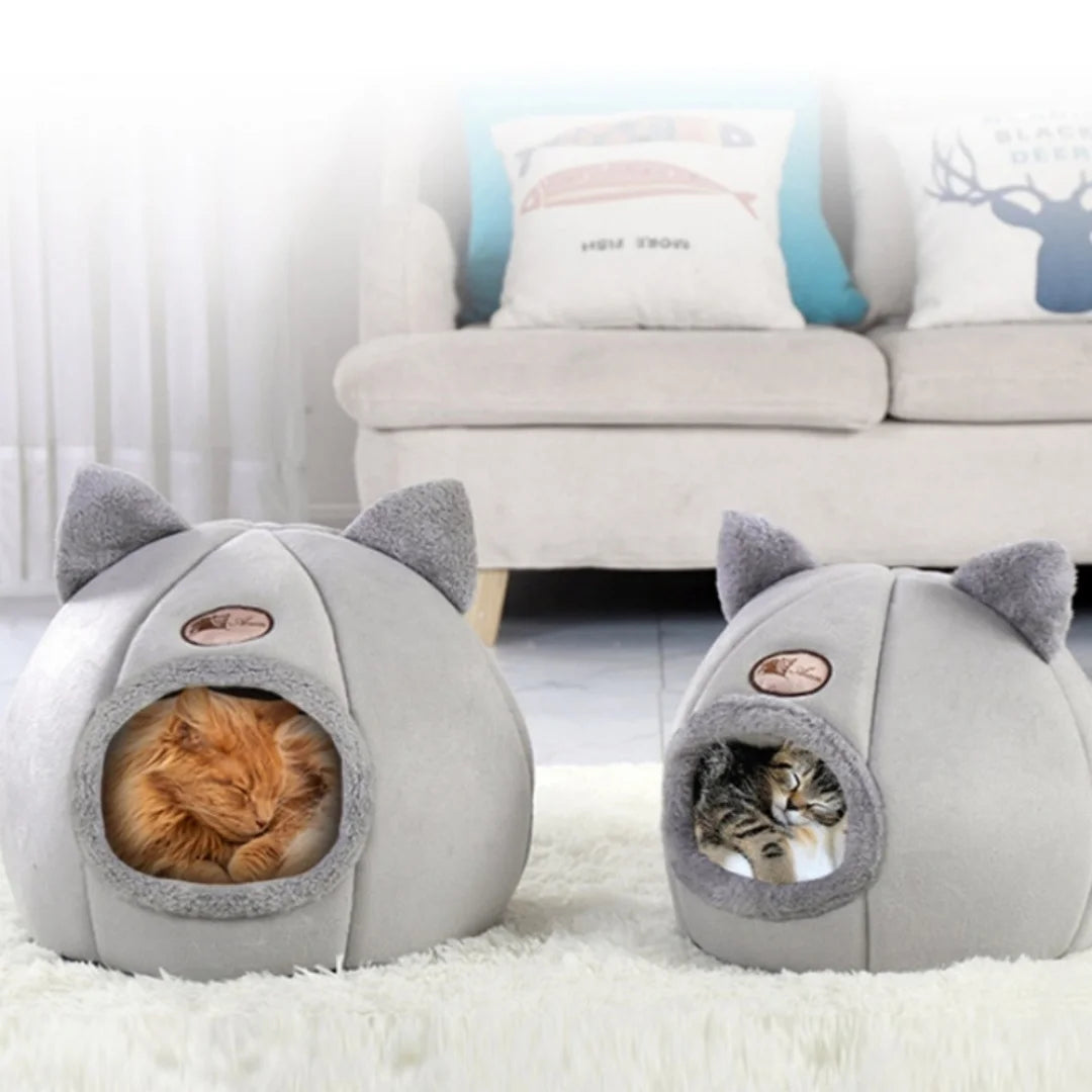 **Warm Plush Cat Bed with Ears for All Cat Sizes**