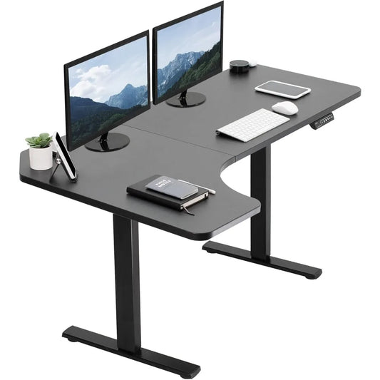 L Shaped Electric Standing Desk 58 x 35 Inch with Memory Height Adjustment and Reversible Black Top