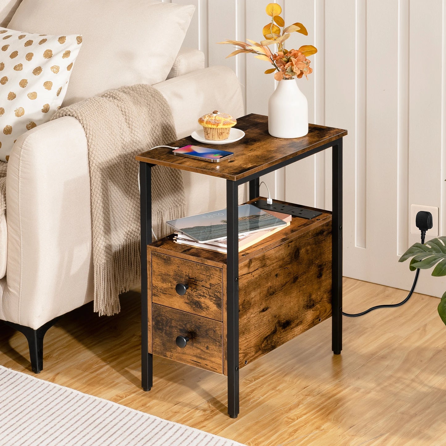 Rustic Nightstand with Charging Station and Storage Drawers