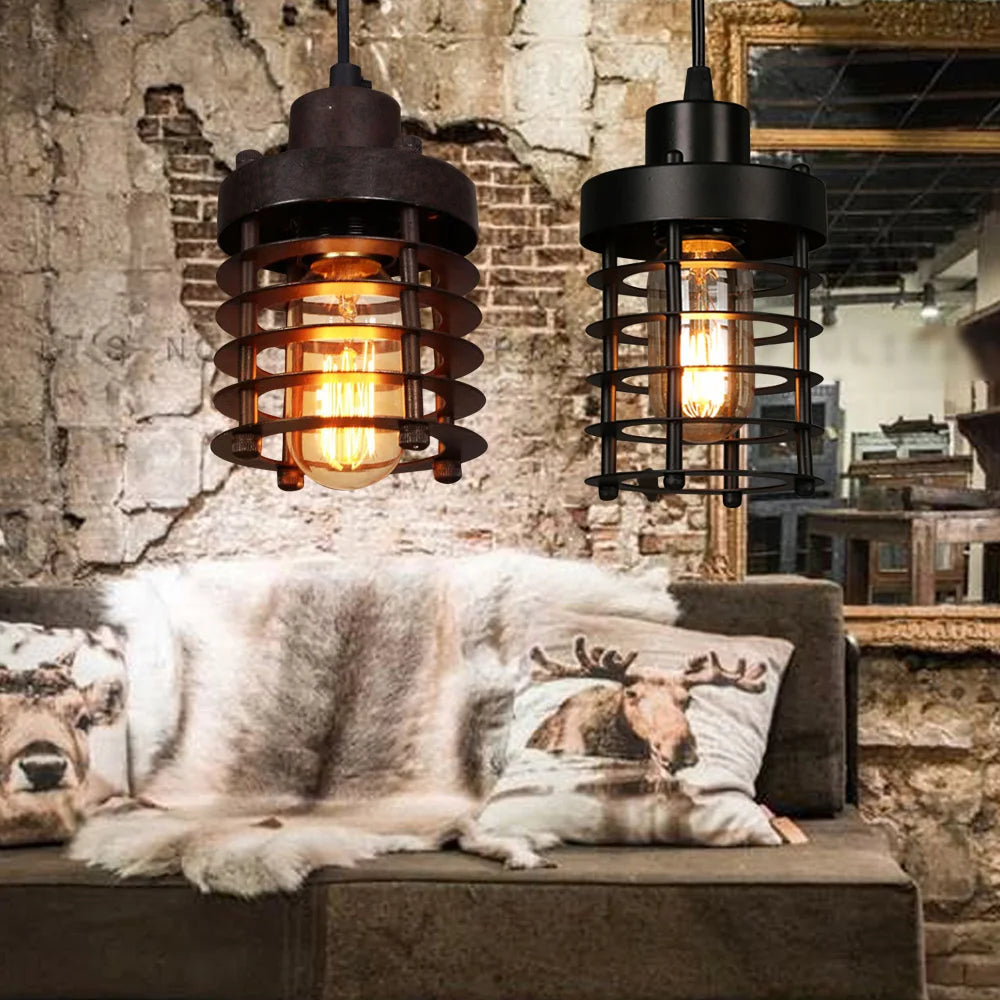 Vintage Industrial Pendant Light with Adjustable Iron Cage Shade