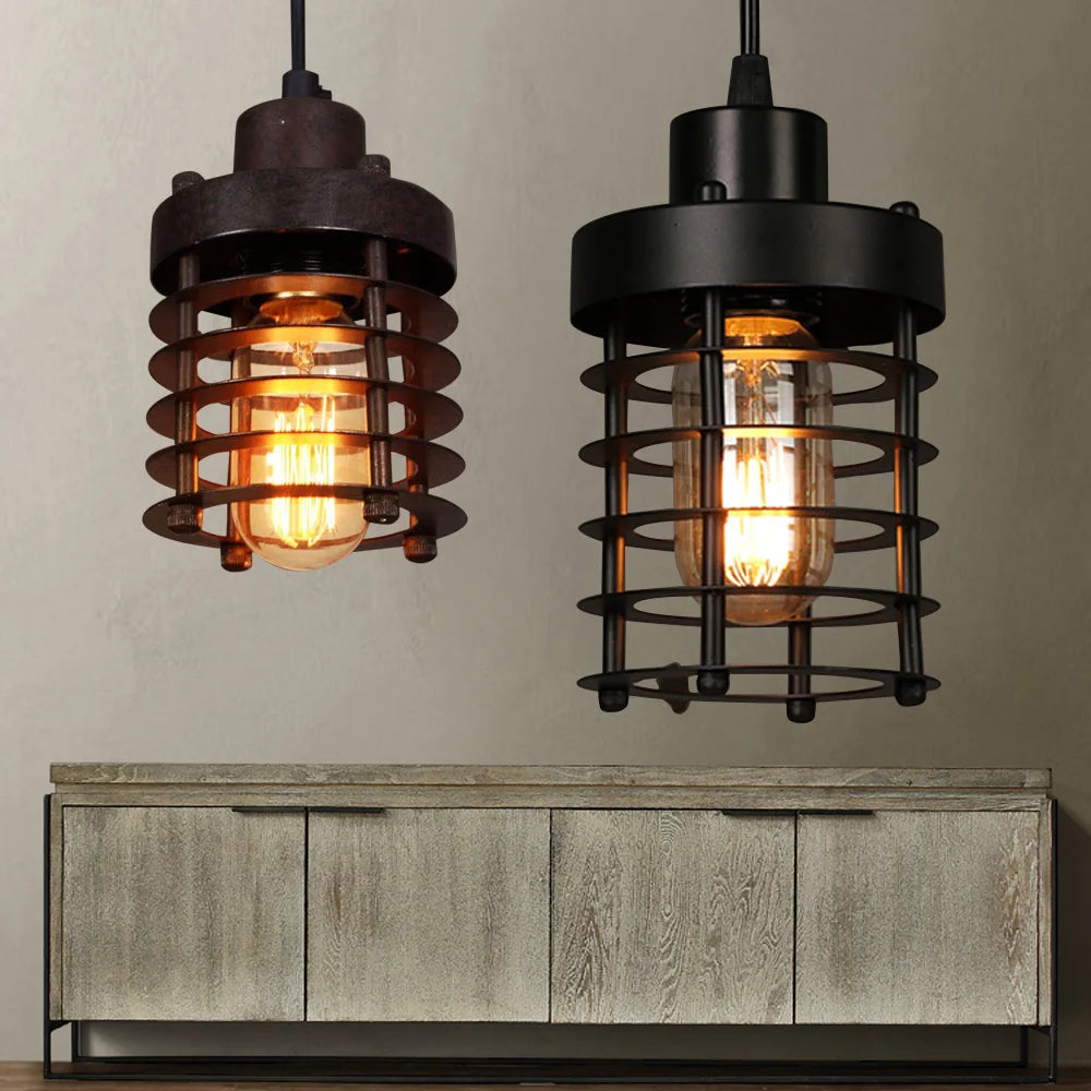Vintage Industrial Pendant Light with Adjustable Iron Cage Shade