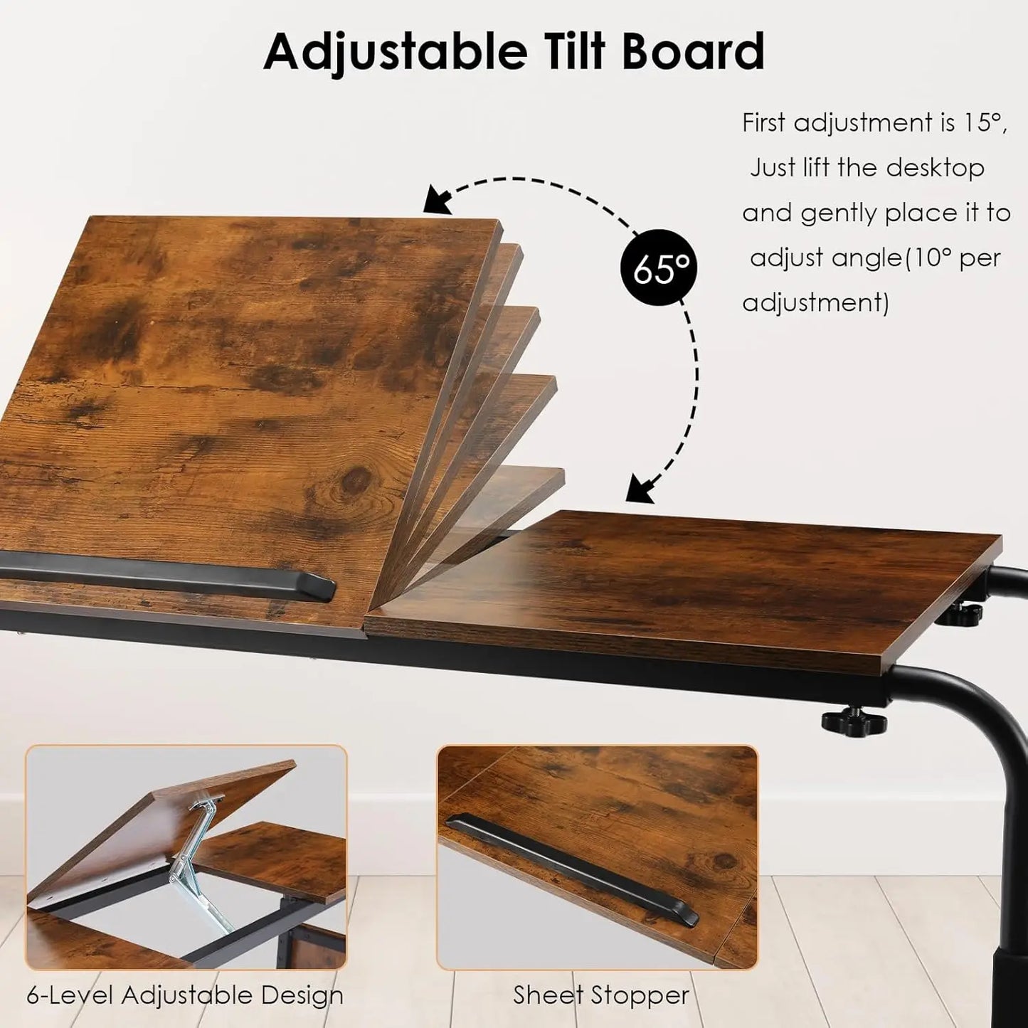 Adjustable Overbed Rolling Desk with Wheels Tilt Stand and Storage 60.6 to 84.2 Inch Mobile Laptop Table