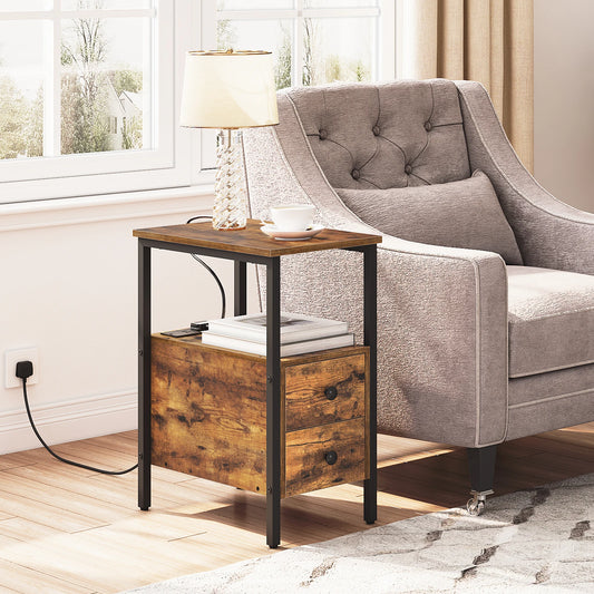 Rustic Nightstand with Charging Station and Storage Drawers