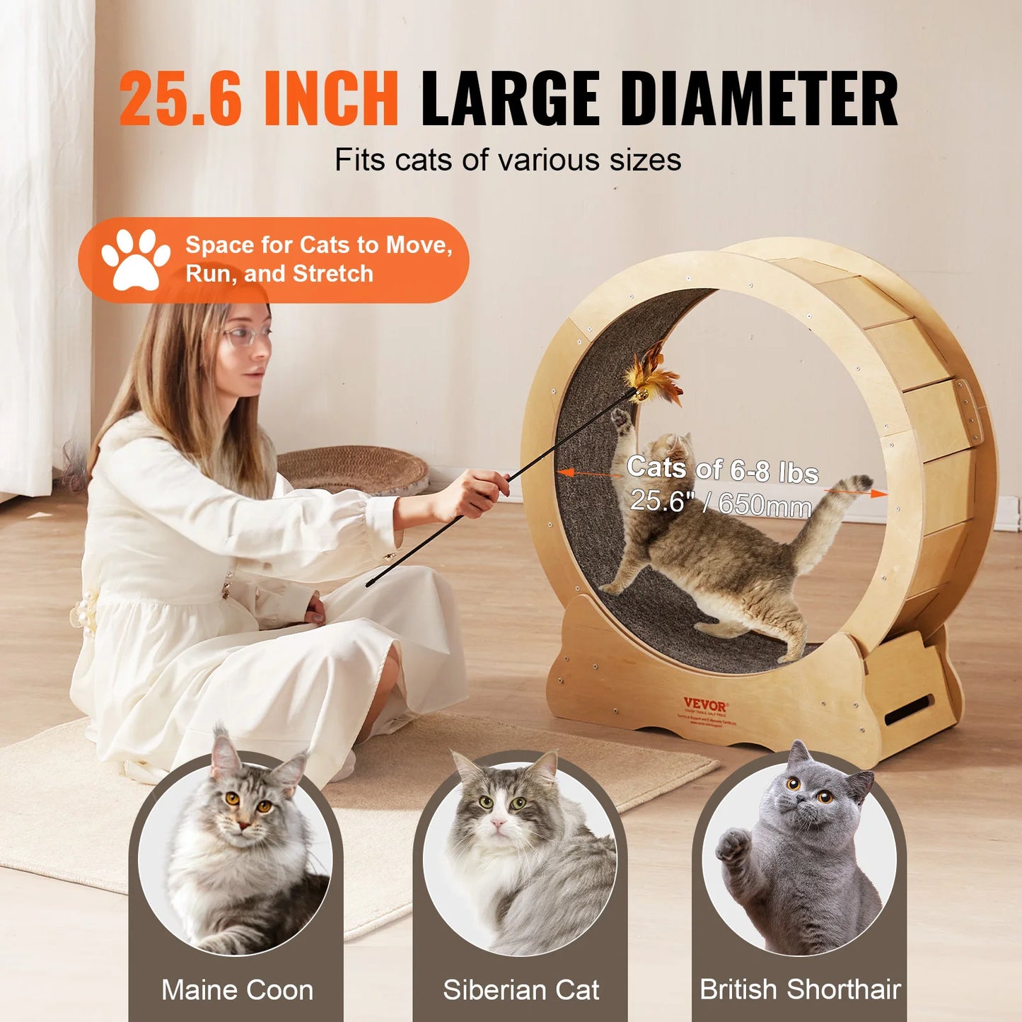 VEVOR Wooden Cat Exercise Wheel Silent Treadmill with Detachable Carpet