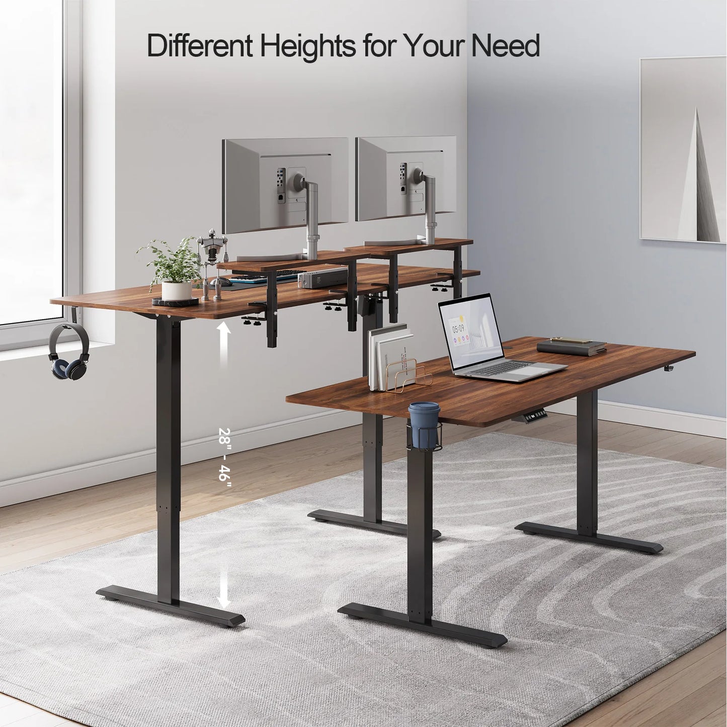 Electric Standing Desk with Adjustable Height and Dual Monitor Shelves