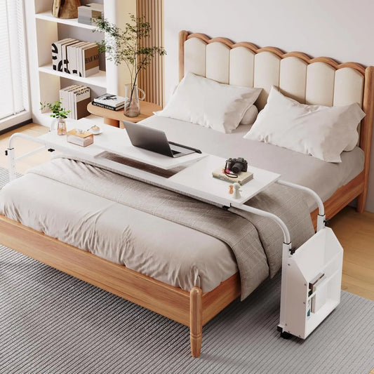 Adjustable Overbed Rolling Desk with Wheels Tilt Stand and Storage 60.6 to 84.2 Inch Mobile Laptop Table