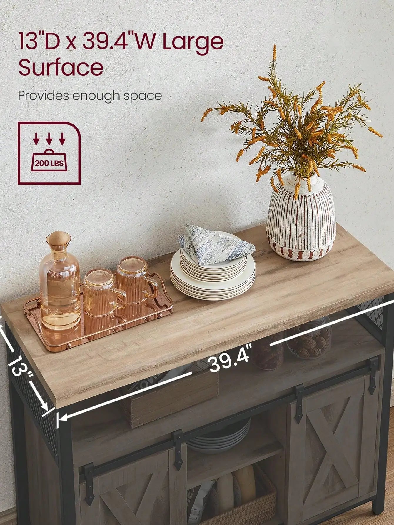 Rustic Sideboard Storage Cabinet with Sliding Barn Doors & Adjustable Shelves