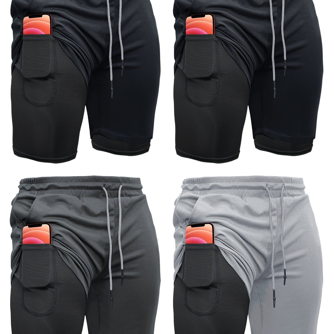 Mens 4 Piece 2 in 1 Sports Shorts with Inner Pocket