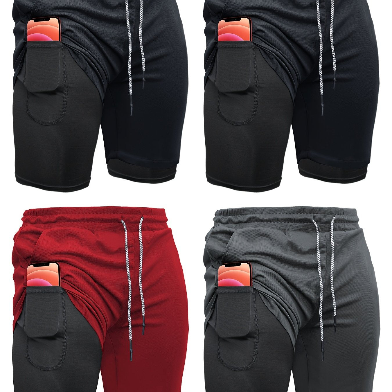 Mens 4 Piece 2 in 1 Sports Shorts with Inner Pocket