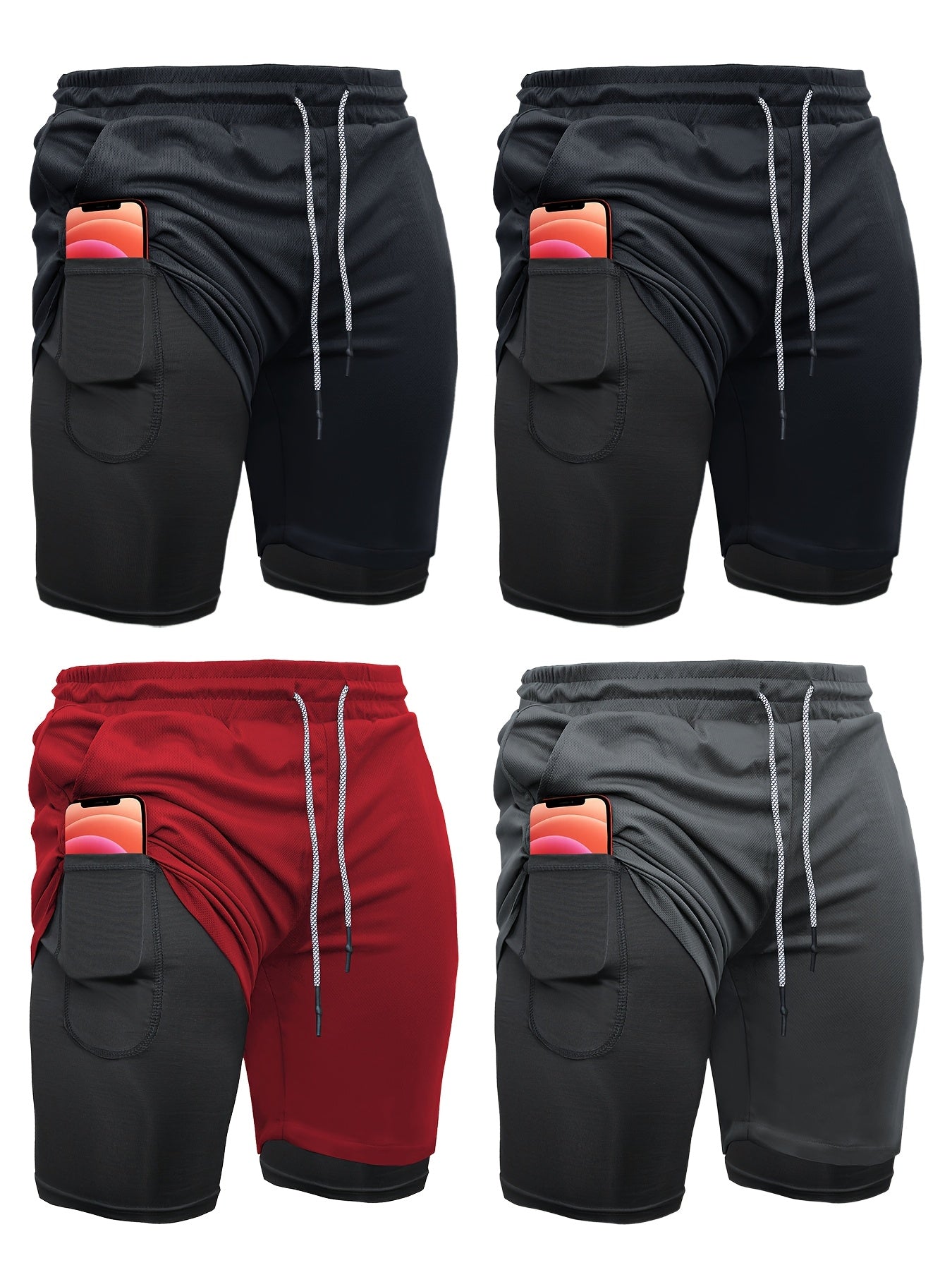 Mens 4 Piece 2 in 1 Sports Shorts with Inner Pocket
