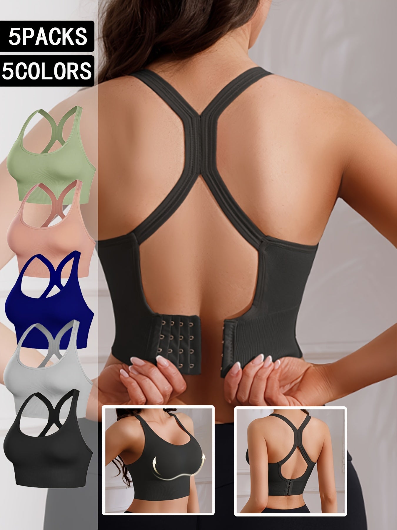 Womens 5 Piece X Back Sports Bras with Removable Pads