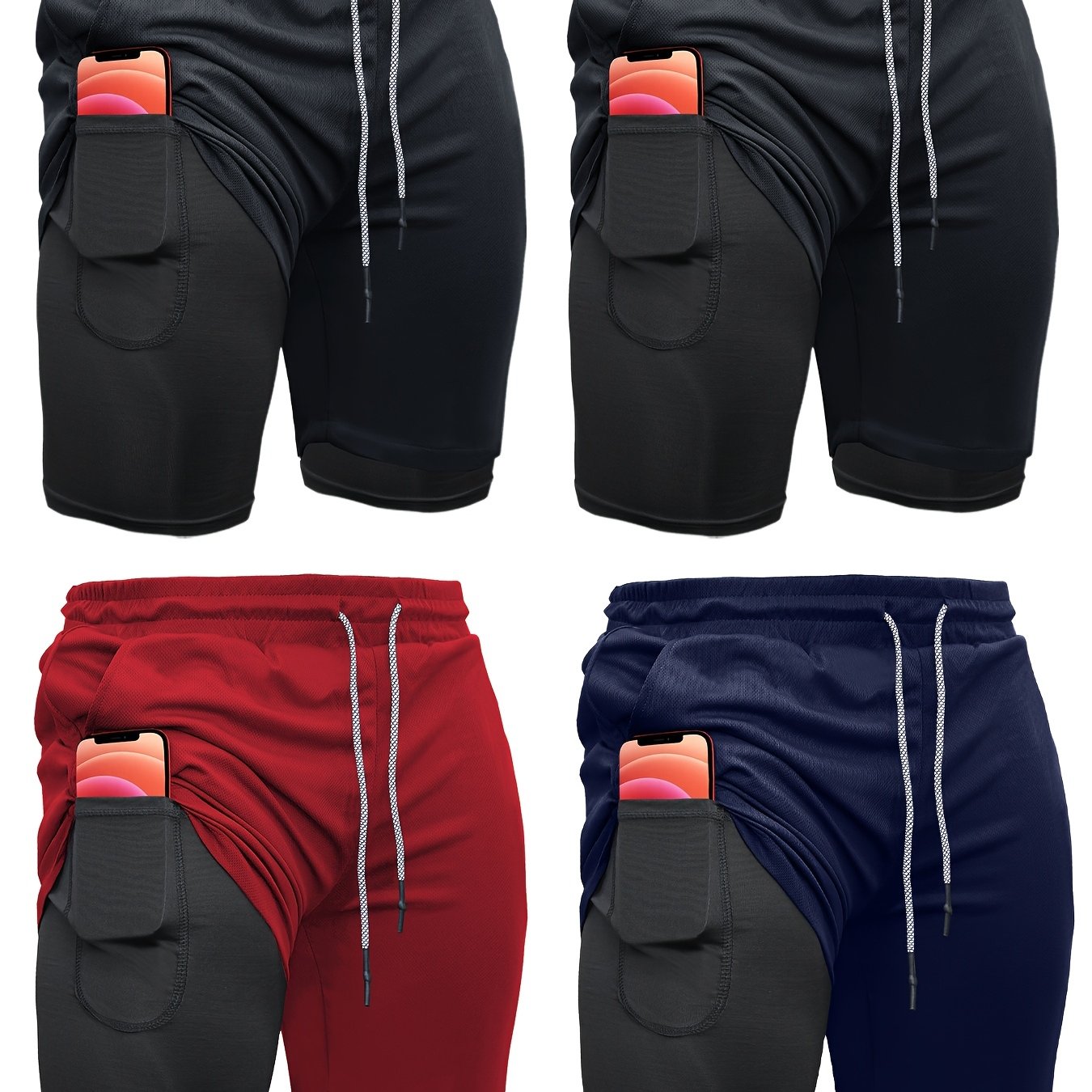 Mens 4 Piece 2 in 1 Sports Shorts with Inner Pocket