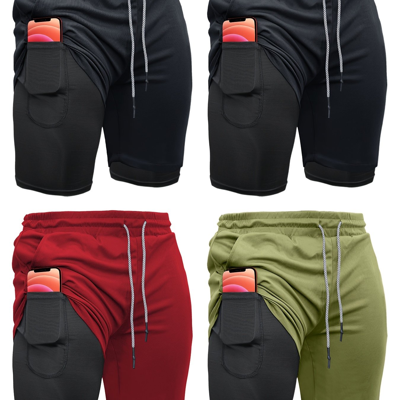 Mens 4 Piece 2 in 1 Sports Shorts with Inner Pocket
